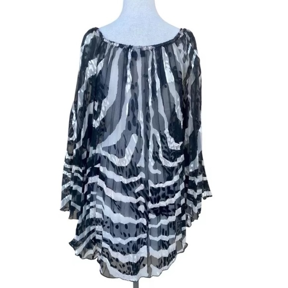 Hale Bob Accordion Pleats Tunic Boho Trapeze Dress Flare Sleeves Animal Print - Picture 11 of 14
